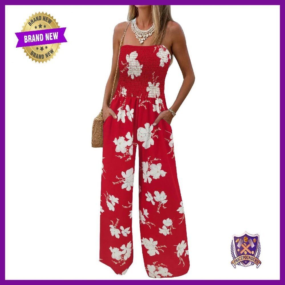 Strapless Smocked Jumpsuit Wide Leg Romper with Pockets Summer Casual